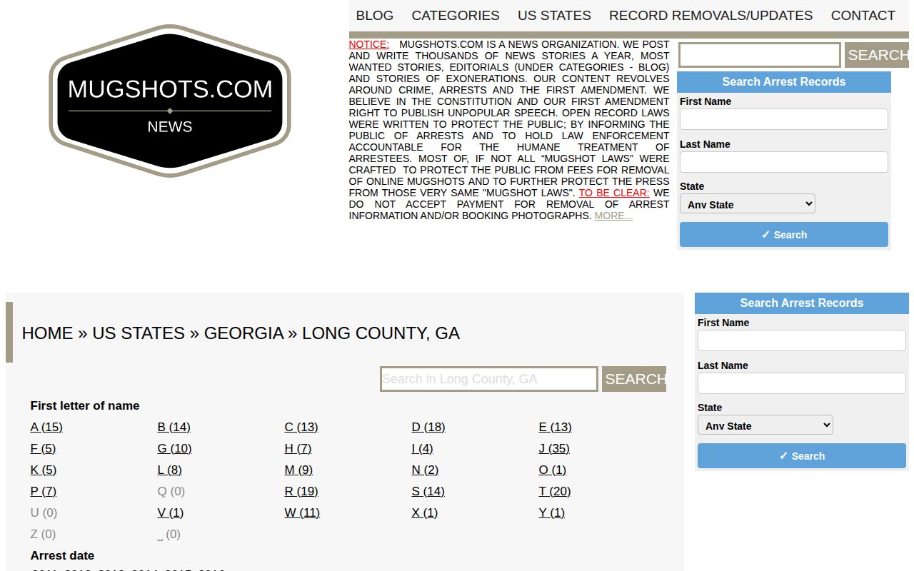 Mugshots.com Long County commercial archive with older booking records