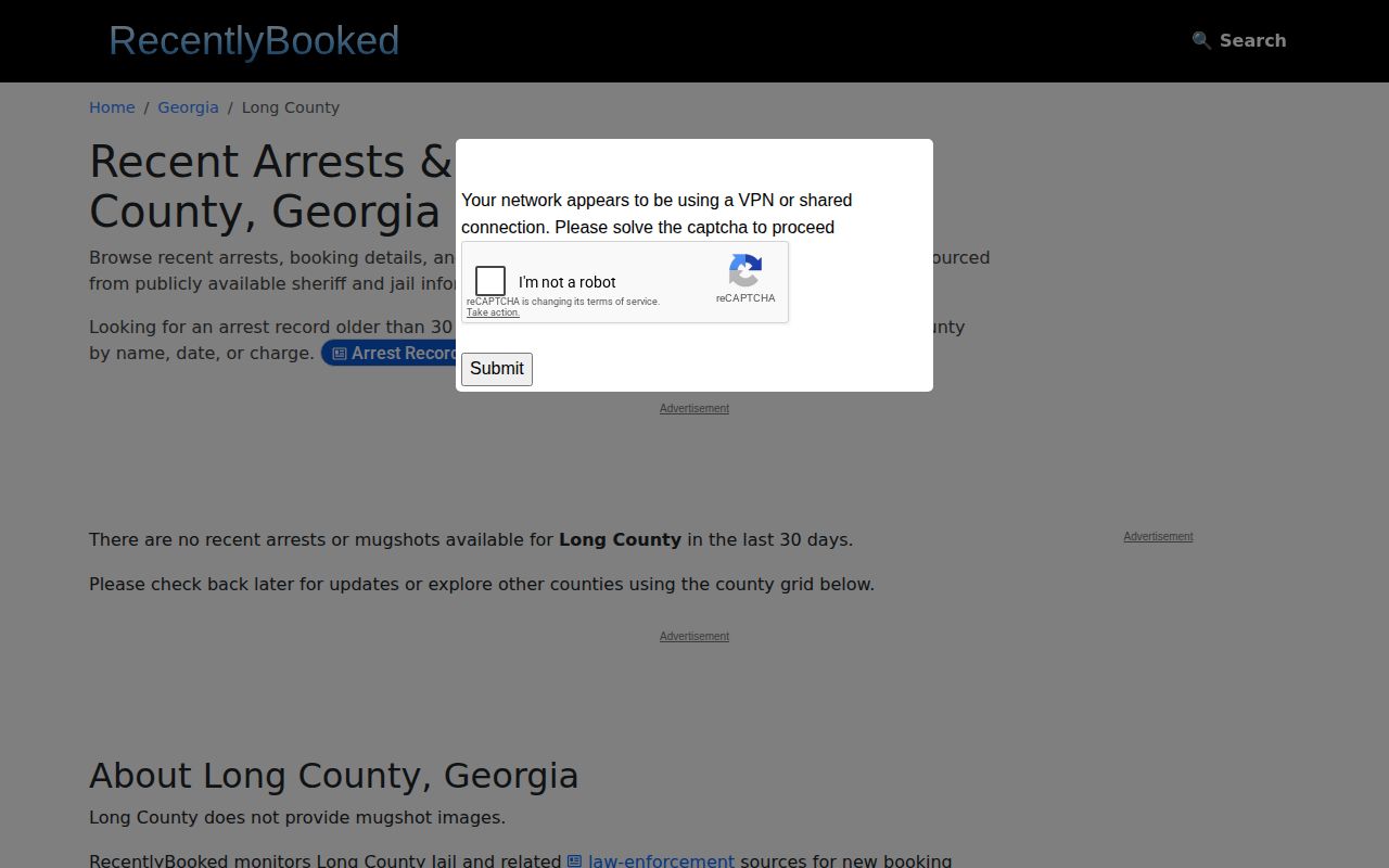 RecentlyBooked Long County recent booking page showing an unofficial empty result