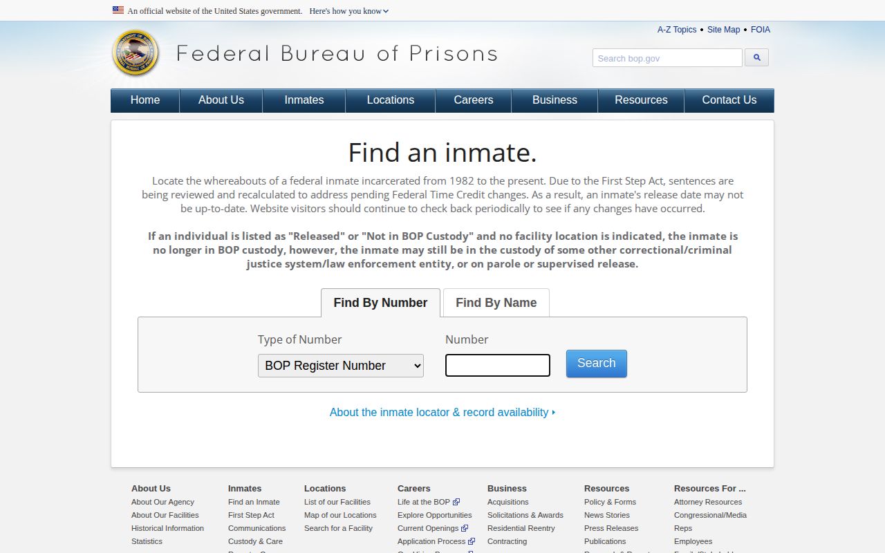 Long County federal custody search through the Federal Bureau of Prisons locator without mugshot photos