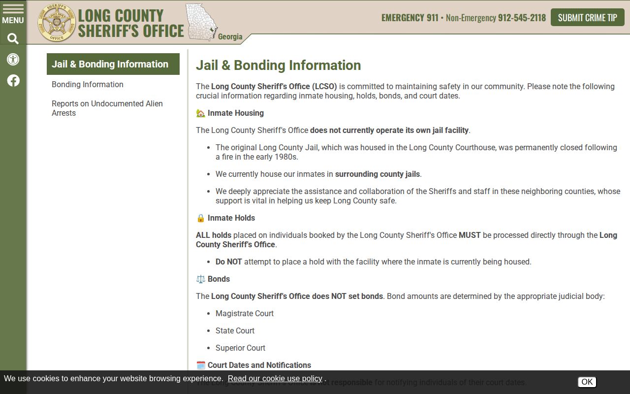 Long County distributed housing information for booking and custody records
