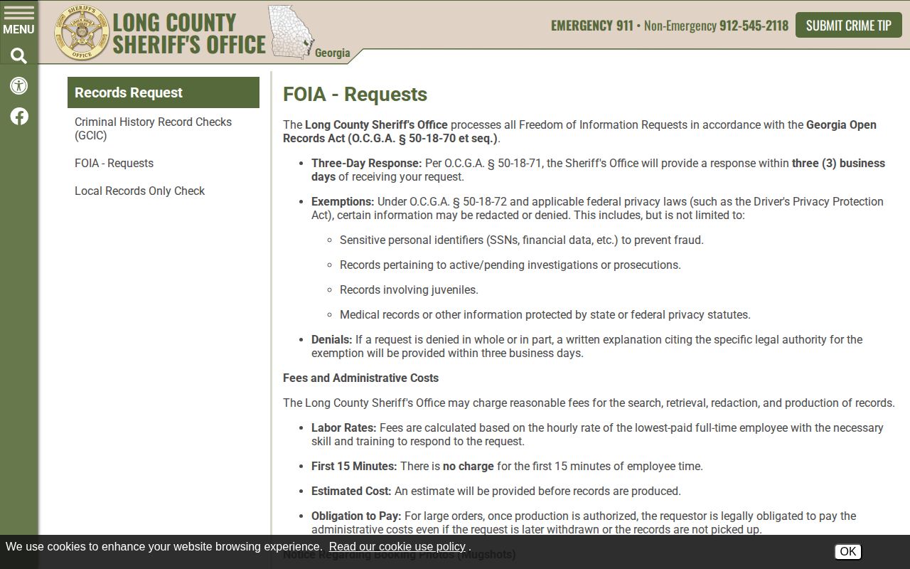 Long County Sheriff's Office open-records procedure for booking records