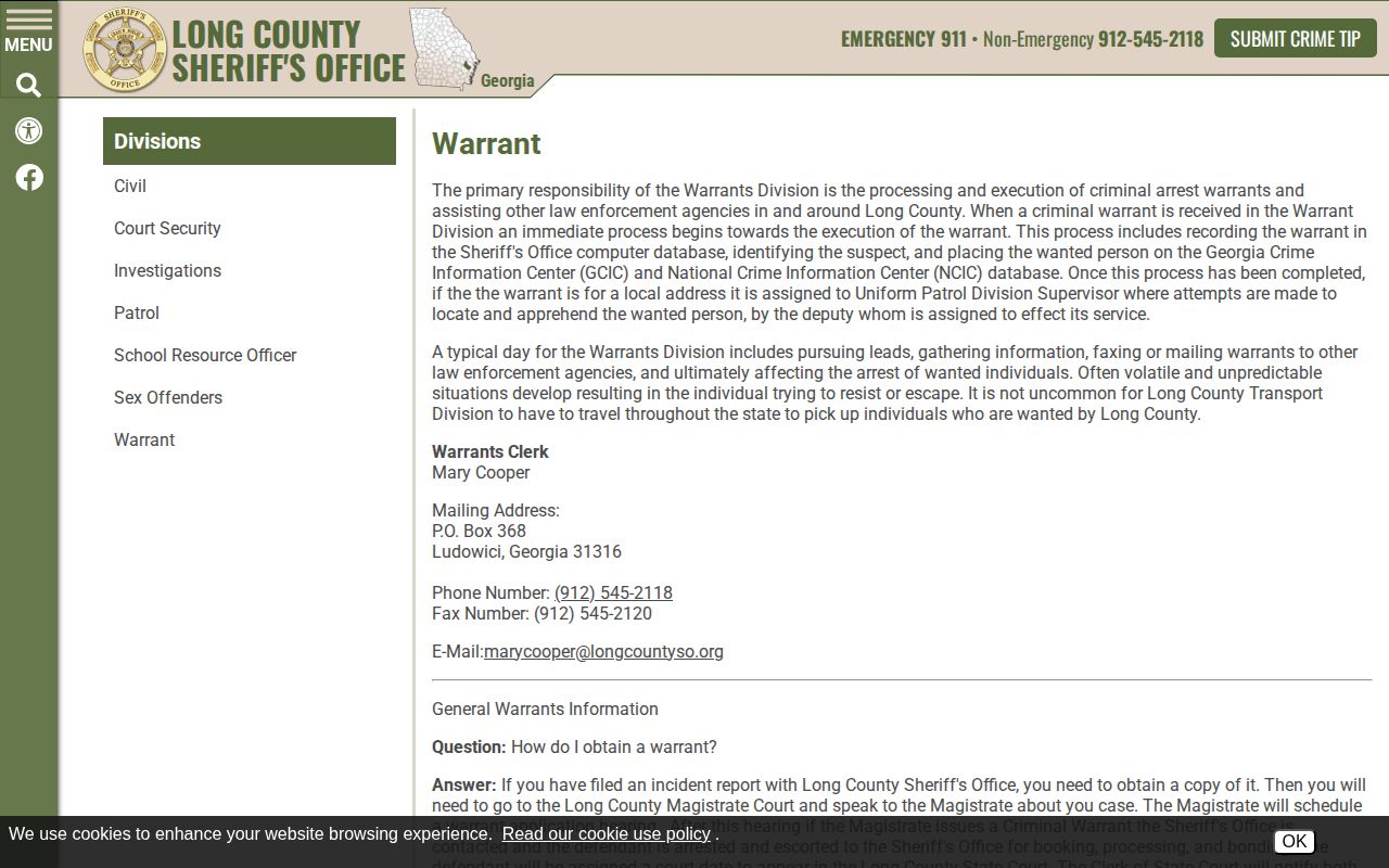 Long County Sheriff's Office warrant procedure and wanted-record information