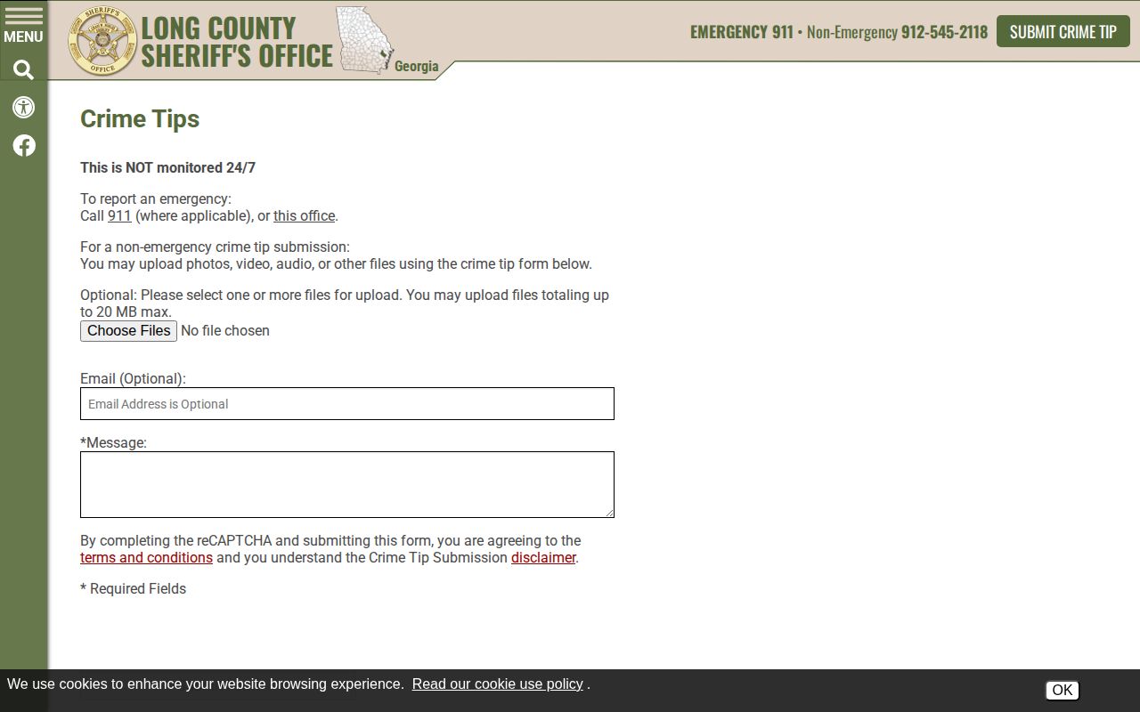 Long County Sheriff's Office official crime tip form for wanted information